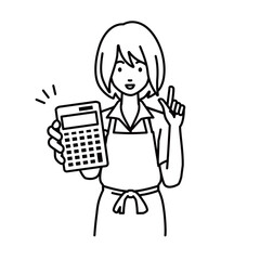 a woman in cafe apron recommending, proposing, showing estimates and pointing a calculator with a smile