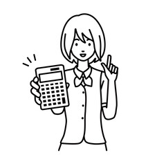 a woman in clerical uniform recommending, proposing, showing estimates and pointing a calculator with a smile