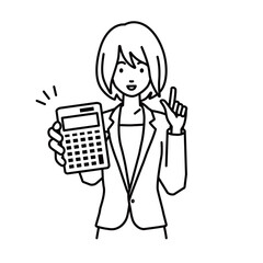 a woman in business suit style recommending, proposing, showing estimates and pointing a calculator with a smile
