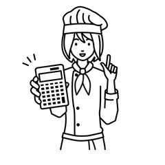 a woman cook recommending, proposing, showing estimates and pointing a calculator with a smile