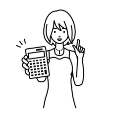 a woman in dress recommending, proposing, showing estimates and pointing a calculator with a smile