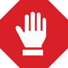 STOP! Red octagonal stop hand sign for prohibited activities. Do not enter, stop sign with hand. simple, red not allowed, stop icon. no entry hand icon isolated on white background.