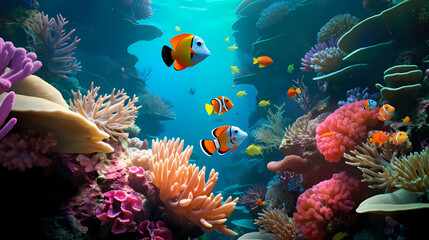 Obraz na płótnie Canvas A view of colorful anemones hosting clownfish