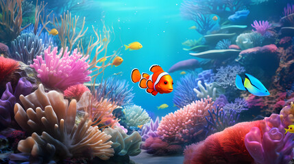 A view of colorful anemones hosting clownfish