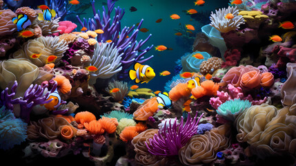 Fototapeta na wymiar A view of colorful anemones hosting clownfish