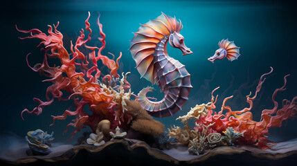 Fototapeta na wymiar A tranquil underwater world showcasing seahorses clinging to coral branches