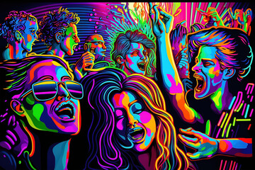 Neon psychedelic happy party people raging.  Generative AI.