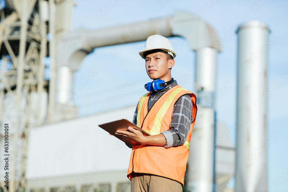 Poster construction engineer standing at construction building site with ipad for checking work constructio