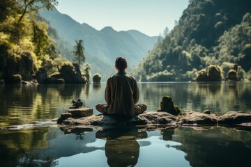 Fototapeta na wymiar A cinematic moment captures an individual deep in meditation beside a tranquil lake, embracing a complete digital detox retreat.