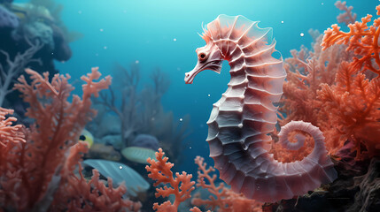 A tranquil underwater world showcasing seahorses clinging to coral branches