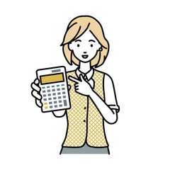 a woman in clerical uniform recommending, proposing, showing estimates and pointing a calculator with a smile