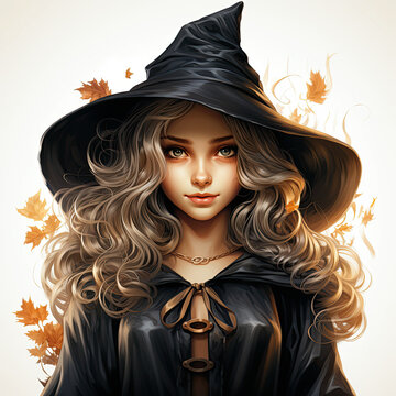 young witch girl in hat and black Halloween costume on white isolated background. Cute cartoon character. Generative AI illustration