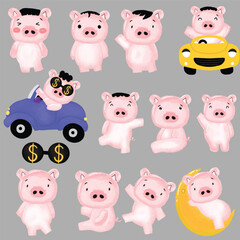 set of popular baby pink pig different activity design. watercolor pig