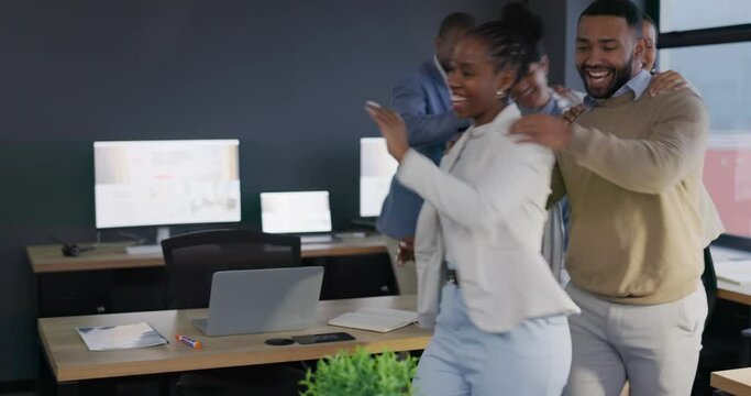 Business people, conga dance and diversity with celebration and happiness, energy with KPI target and team. Collaboration, professional deal and party, men and women at office, win and company growth