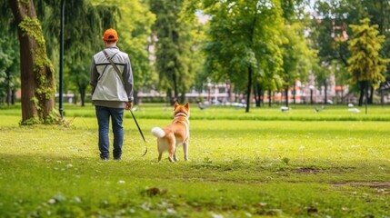 Fototapeta premium trainer working with a dog in a park generative ai
