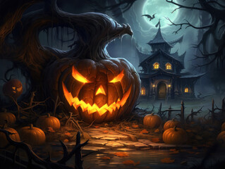 Obraz premium Halloween Greeting Card, Childrens Book Illustration, Generative AI