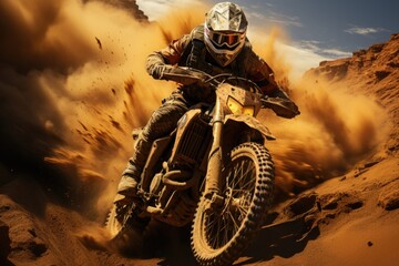 Sands of Time: Motorcycle's Dust Trail Across Desert, Rider's Back Merging with Barren Landscape, Essence of Speed and Solitude Generative AI	
