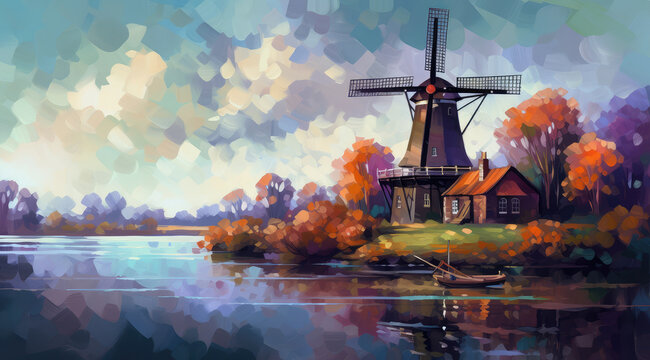 windmill at a river, in the style of colorful cubism, colorful pixel-art