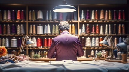 Fototapeta premium tailor working on a garment in a well-equipped atelier, generative ai