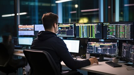 web developer coding on multiple screens in a tech-filled office generative ai