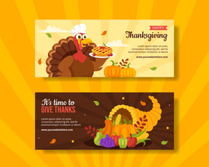 Happy Thanksgiving Horizontal Banner Flat Cartoon Hand Drawn Templates Background Illustration