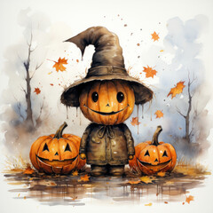 Naklejka premium Halloween Greeting Card, Childrens Book Illustration, Generative AI