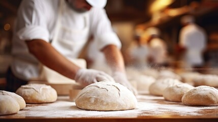 baker kneading dough in a busy bakery, generative ai