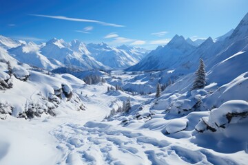 Path of Wonder: Fresh Snow Graced with Footprints or Ski Tracks, Guiding Towards Majestic Mountains and the Mystery of Hidden Woods Generative AI