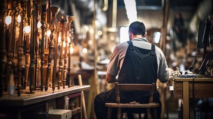 furniture restorer working on an antique chair in a workshop generative ai