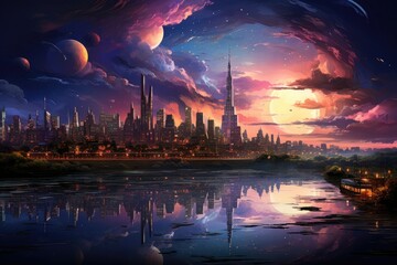 Twilight's Urban Spectacle: Glimpsing Mesmerizing Cityscapes Awash in a Tapestry of Colorful Sky Hues and the Radiance of City Lights Generative AI