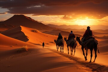 Fototapeta na wymiar Whispers of Caravans: Camels and Their Handlers' Silhouettes in Desert Expanse, Reliving the Legacy of Ancient Trade Roads Generative AI