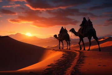 Sands of Antiquity: Shadows of Camels and Handlers, Reviving Memories of Trade Routes Amidst Expansive Dunes Generative AI