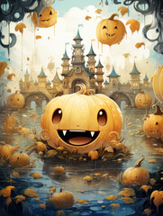 Fototapeta premium Halloween Greeting Card, Childrens Book Illustration, Generative AI