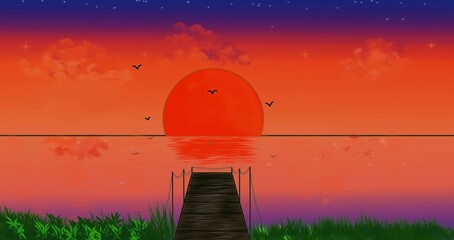 The serene evening sky is ablaze with hues of orange and pink as the sun sets behind the horizon, casting a warm glow over the tranquil waters of the lake where a small wooden dock extends invitingly;