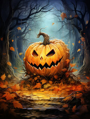 Halloween Greeting Card, Childrens Book Illustration, Generative AI