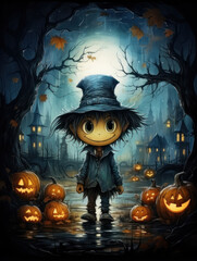 Halloween Greeting Card, Childrens Book Illustration, Generative AI