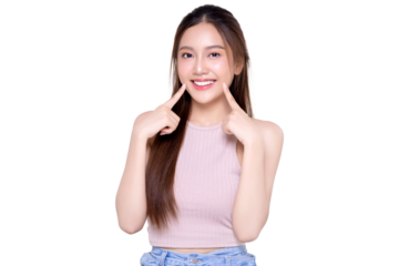 Young Asian woman pointing finger to her teeth on  transparent background, PNG file format.