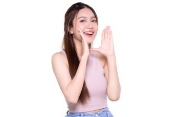 Young Asian woman with open mouths raising hands screaming announcement transparent background, PNG file format.
