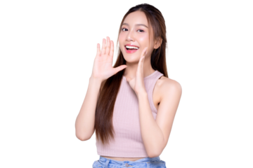 Young Asian woman with open mouths raising hands screaming announcement transparent background, PNG file format.