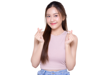 Young Asian woman shows mini heart fingers on , transparent background, PNG file format.