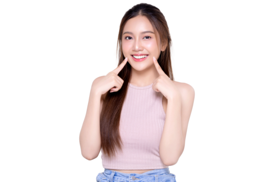 Young Asian woman pointing finger to her teeth on  transparent background, PNG file format.