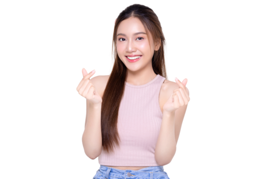 Young Asian woman shows mini heart fingers on , transparent background, PNG file format.