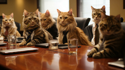 Cats in a Business Meeting - obrazy, fototapety, plakaty