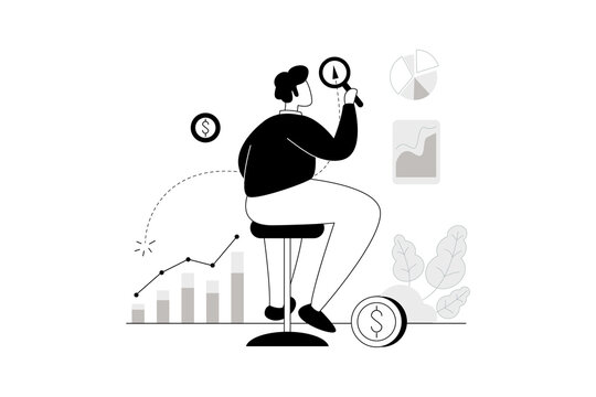 man analyzing financial data with magnifying glass clip art preview
