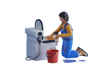 3D illustration of a worker cleaning a toilet. Cleaning services are available. woman cleaning the toilet sink
