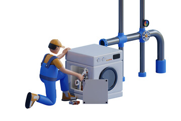 A service professional will come to the customer's house to repair the washing machine. A repairman is in the bathroom repairing the washing machine. 3D rendering