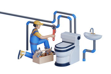 A male plumber inspects pipes for the central water supply of the toilet. Plumber in the bathroom, plumbing repair service. 3D illustration
