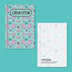 Cover page templates. flowers and elephant pattern layouts. Applicable for notebooks and journals, planners, brochures, books, catalogs etc. Repeat patterns and masks used, able to resize.