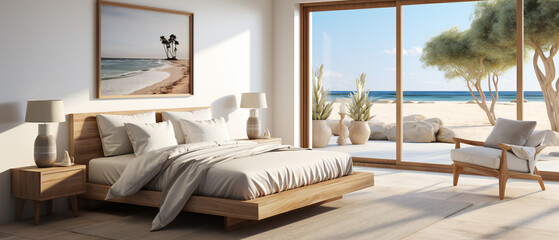 Coastal style interior design of modern bedroom with empty mock-up poster frame. Beach Side Bedroom Interior Design. Generative Ai.