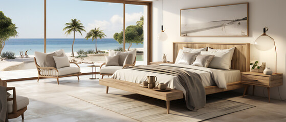 Fototapeta na wymiar Coastal style interior design of modern bedroom with empty mock-up poster frame. Beach Side Bedroom Interior Design. Generative Ai.